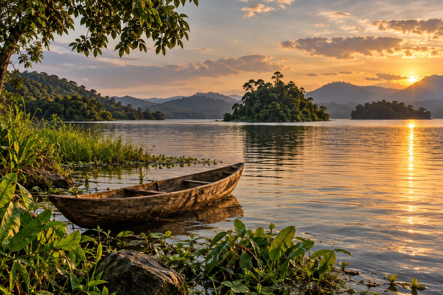 Generated tranquil lake with a wooden canoe and distant green hills