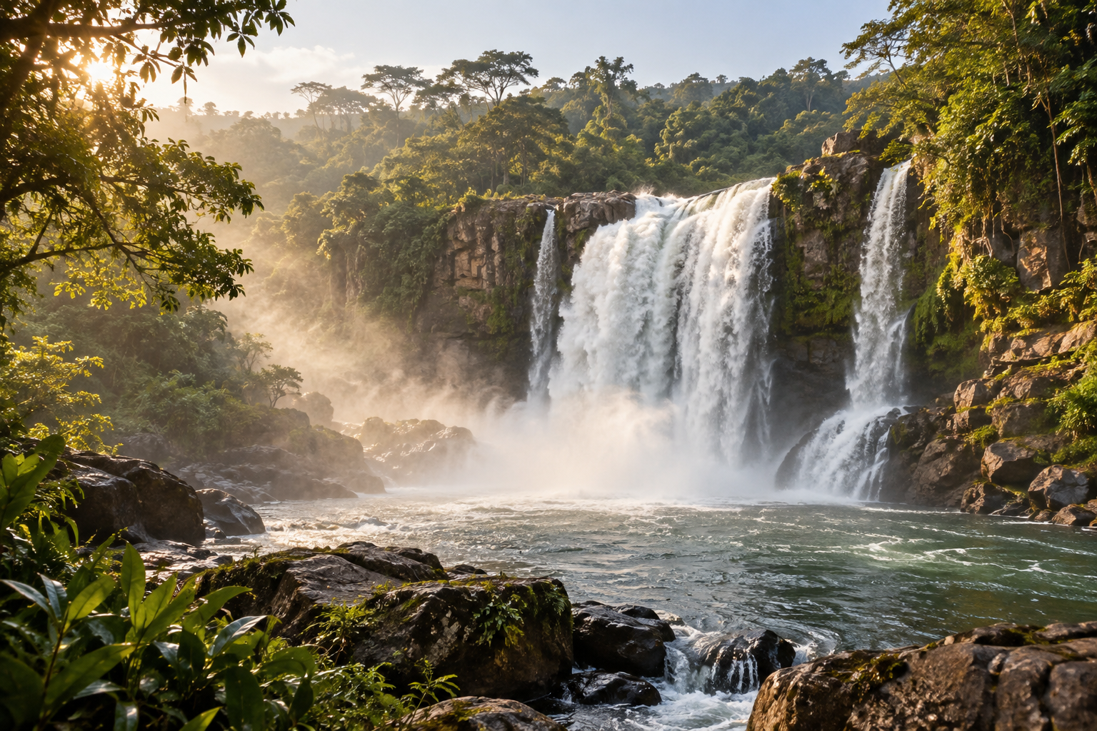 Generated tropical waterfall surrounded by lush green forest