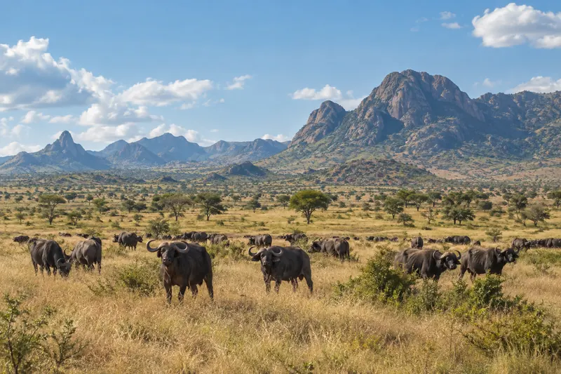 Buffalo on open savannah beneath the mountains of Kidepo Valley