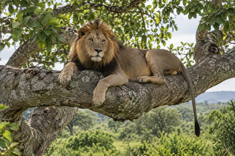 AI-generated lion resting in a tree, inspired by Ishasha